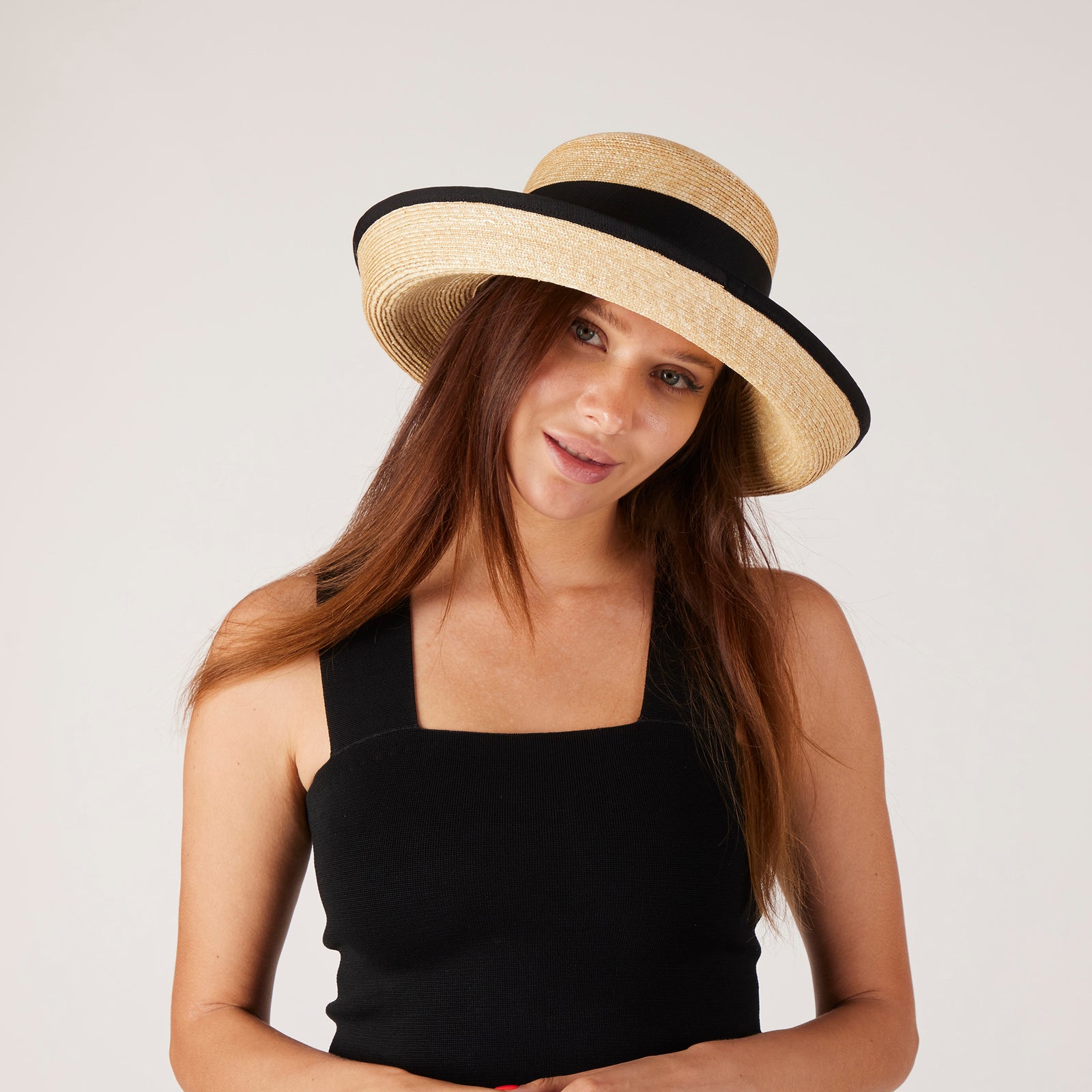 Yves Saint Laurent Black Straw Hat with Cream Ribbon Band Vintage Elegant Straw Hat Black Ribbon Cottage Core Size S M  main image 2