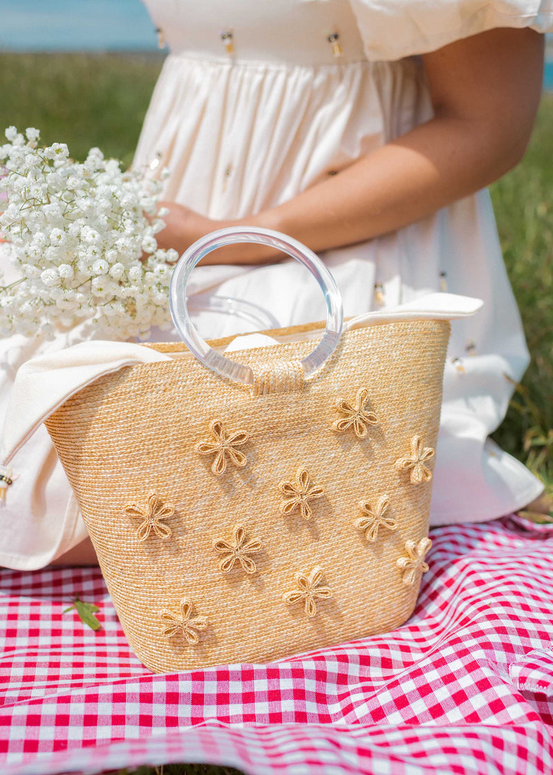 Floral Handbag with Acrylic Handle - Leghorn Straw