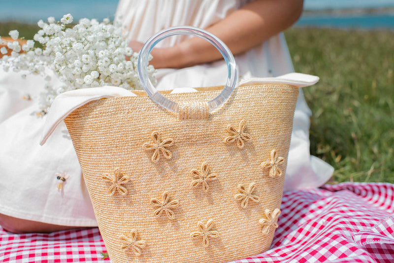 Floral Handbag with Acrylic Handle - Leghorn Straw